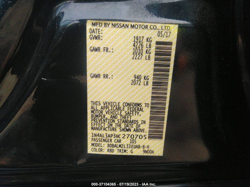 2017 NISSAN ALTIMA 2.5/S/SV/SL/SR - 1N4AL3AP3HC270705
