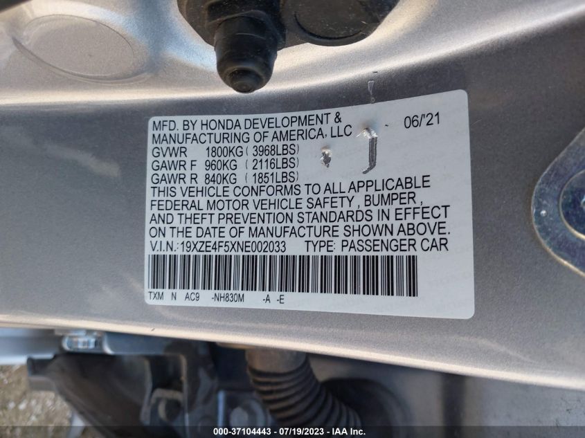 2022 HONDA INSIGHT EX 19XZE4F5XNE002033