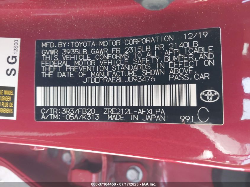 2020 TOYOTA COROLLA LE - JTDEPRAE8LJ093476