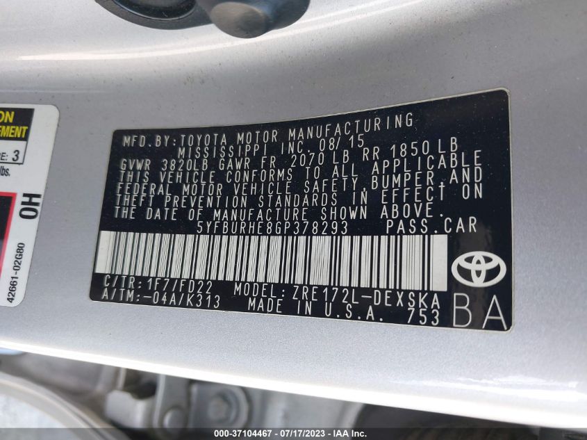 2016 TOYOTA COROLLA L/LE/S/S PLUS/LE PLUS - 5YFBURHE8GP378293