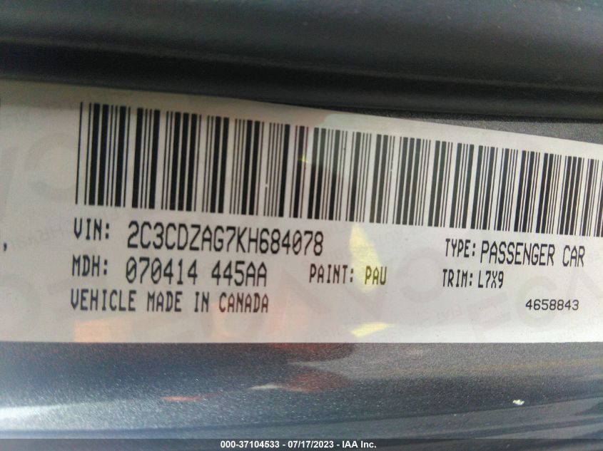 2019 DODGE CHALLENGER SXT - 2C3CDZAG7KH684078