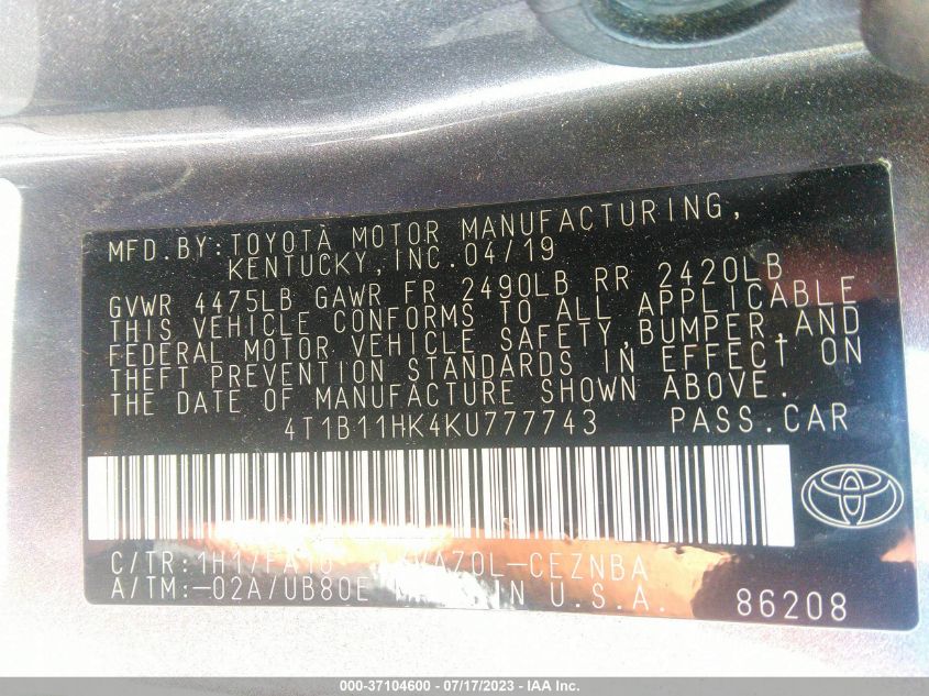 2019 TOYOTA CAMRY LE/SE/XLE/L - 4T1B11HK4KU777743