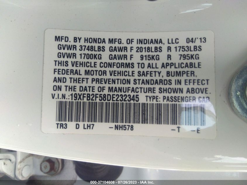 2013 HONDA CIVIC SDN LX - 19XFB2F58DE232345