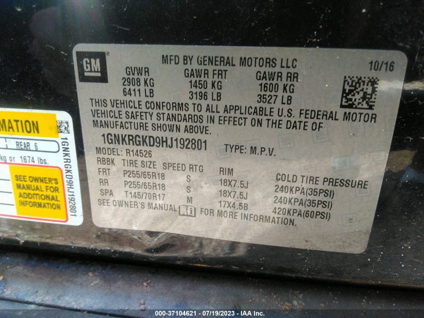 2017 CHEVROLET TRAVERSE LT - 1GNKRGKD9HJ192801