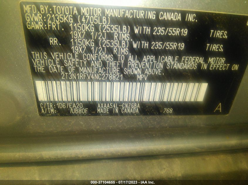 2022 TOYOTA RAV4 LIMITED - 2T3N1RFV4NC278821