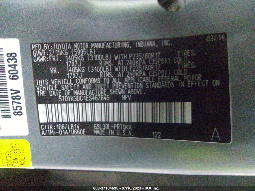 2014 TOYOTA SIENNA XLE/XLE AAS/LTD - 5TDYK3DC1ES467645