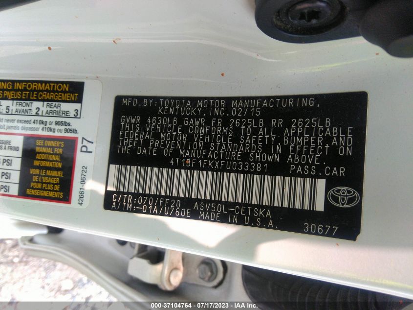 2015 TOYOTA CAMRY XLE/SE/LE/XSE 4T1BF1FKXFU033381