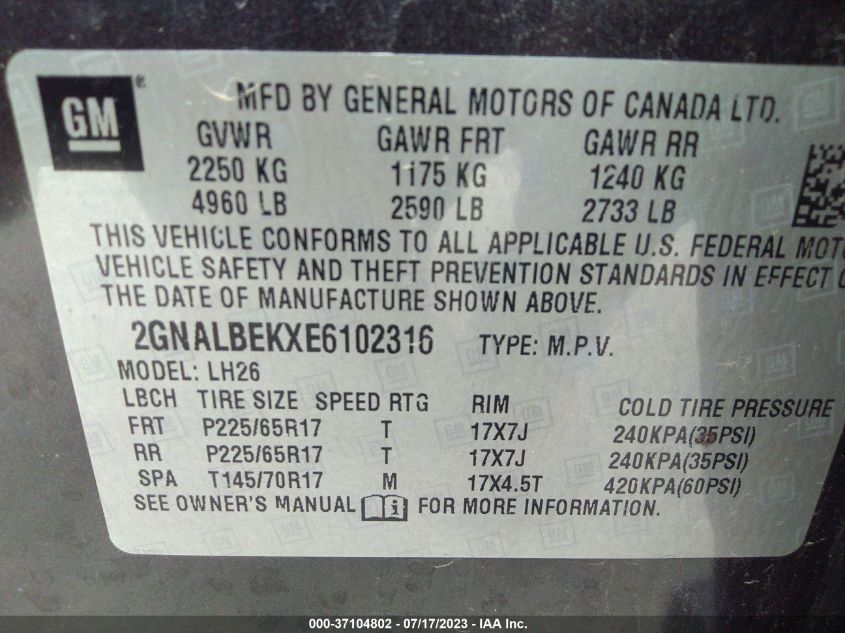 2014 CHEVROLET EQUINOX LT - 2GNALBEKXE6102316