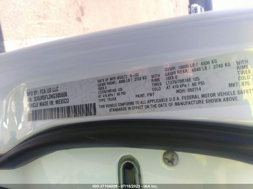 2022 RAM 2500 LARAMIE - 3C6UR5FL3NG305606