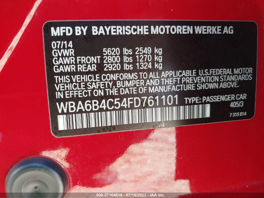2015 BMW 6 SERIES 650I XDRIVE - WBA6B4C54FD761101