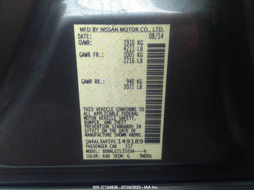 2015 NISSAN ALTIMA 2.5 S - 1N4AL3AP2FC149189