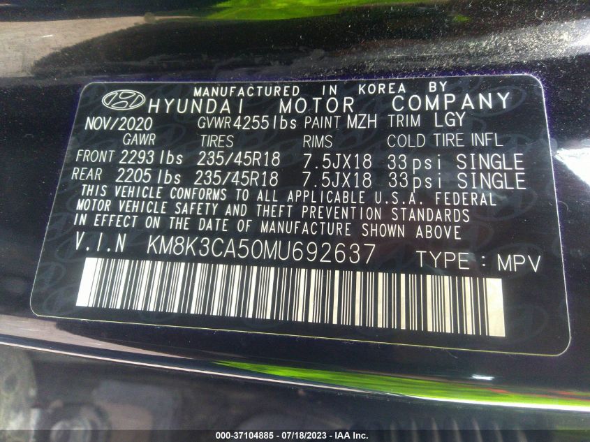 2021 HYUNDAI KONA LIMITED - KM8K3CA50MU692637