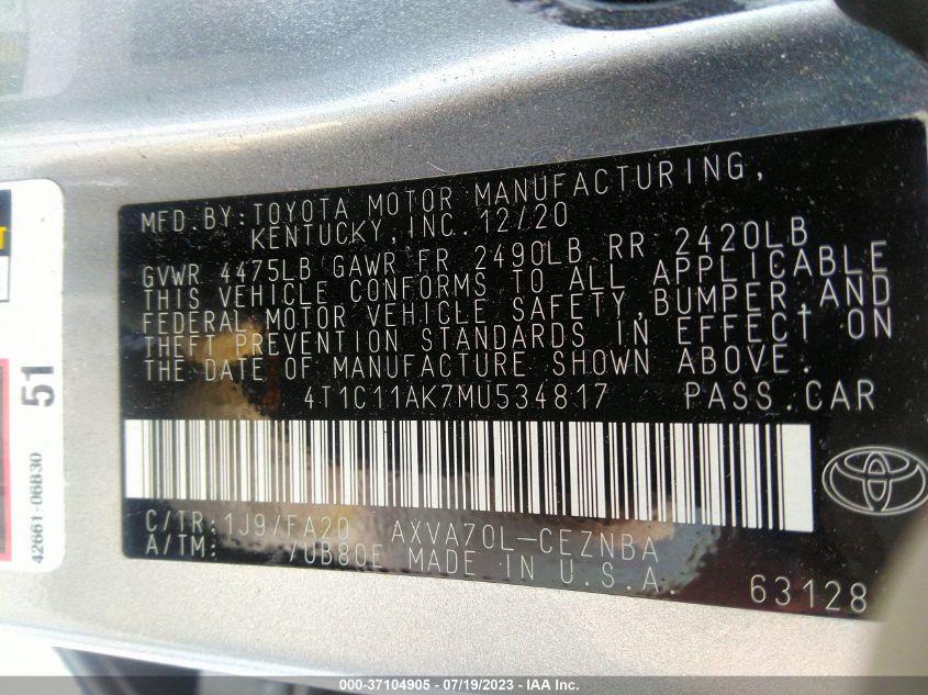 2021 TOYOTA CAMRY LE - 4T1C11AK7MU534817