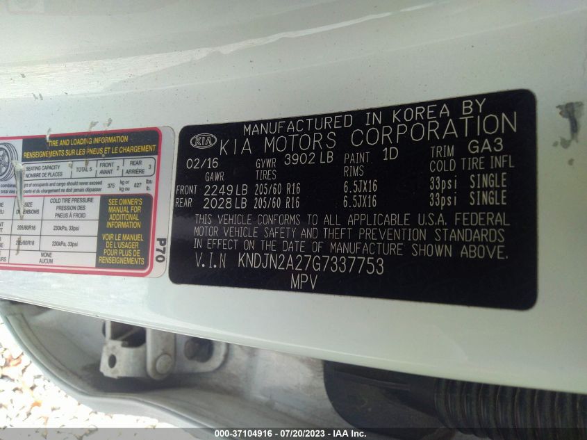 2016 KIA SOUL BASE - KNDJN2A27G7337753