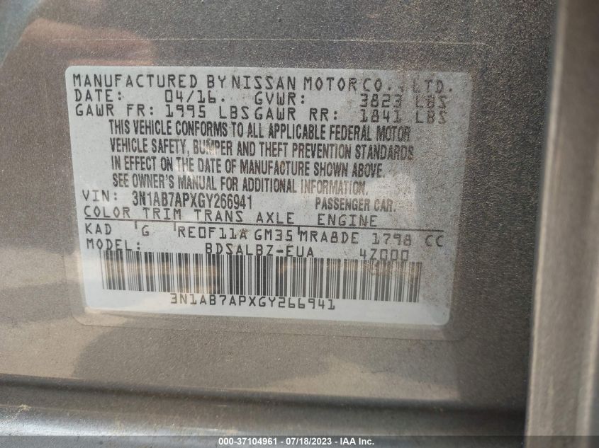 2016 NISSAN SENTRA S - 3N1AB7APXGY266941