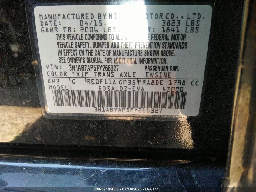 2015 NISSAN SENTRA S/SV/SR/SL - 3N1AB7AP5FY266327