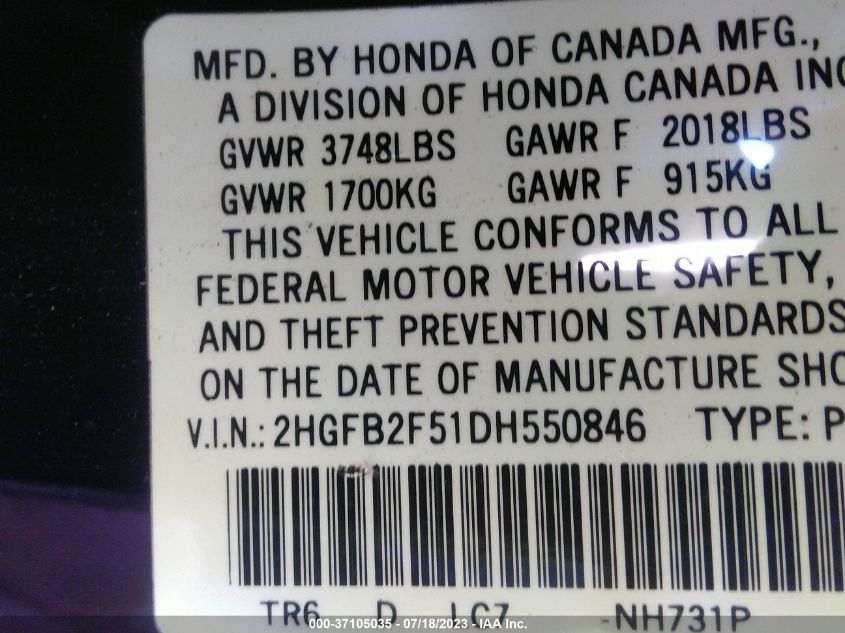 2013 HONDA CIVIC LX - 2HGFB2F51DH550846