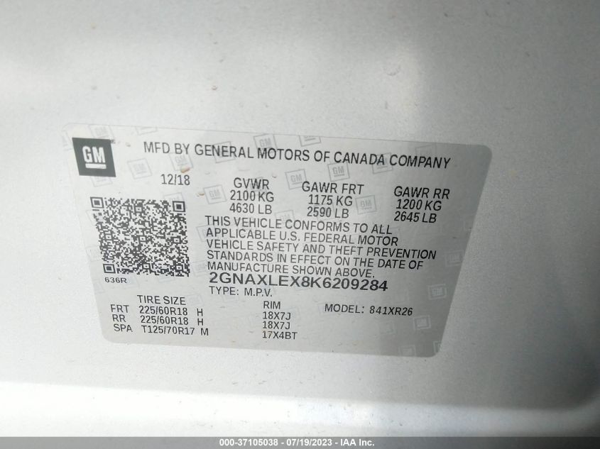 2019 CHEVROLET EQUINOX LT - 2GNAXLEX8K6209284