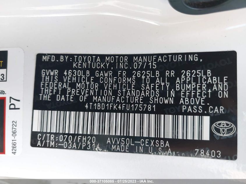2015 TOYOTA CAMRY HYBRID SE - 4T1BD1FK4FU175781