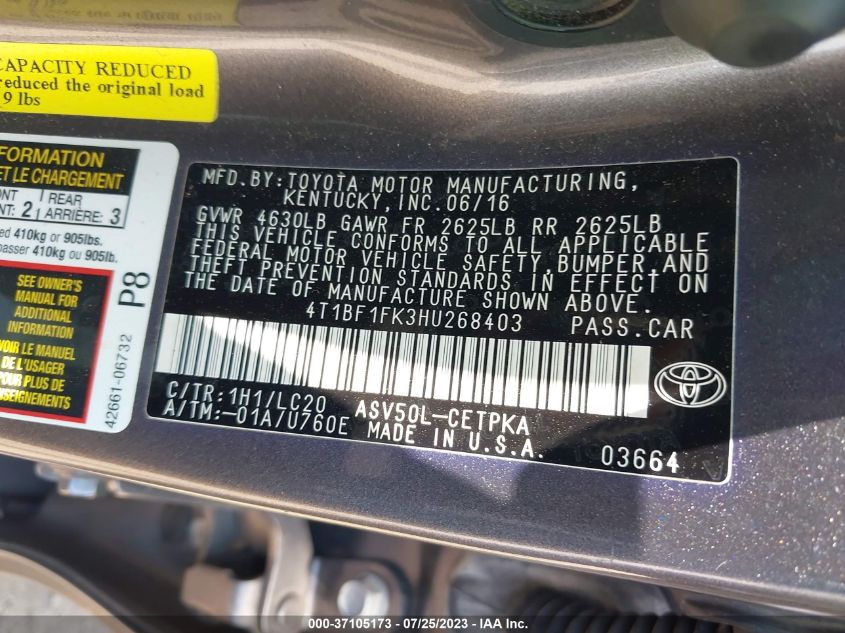 2017 TOYOTA CAMRY XLE/SE/LE/XSE - 4T1BF1FK3HU268403