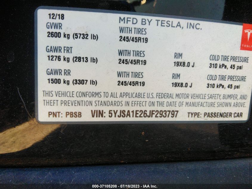 2018 TESLA MODEL S 75D/100D/P100D - 5YJSA1E26JF293797