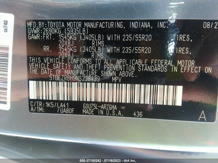 2022 TOYOTA HIGHLANDER PLATINUM - 5TDFZRBH9NS238439