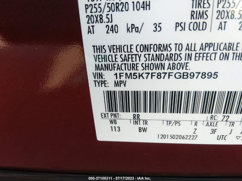 2015 FORD EXPLORER LIMITED - 1FM5K7F87FGB97895