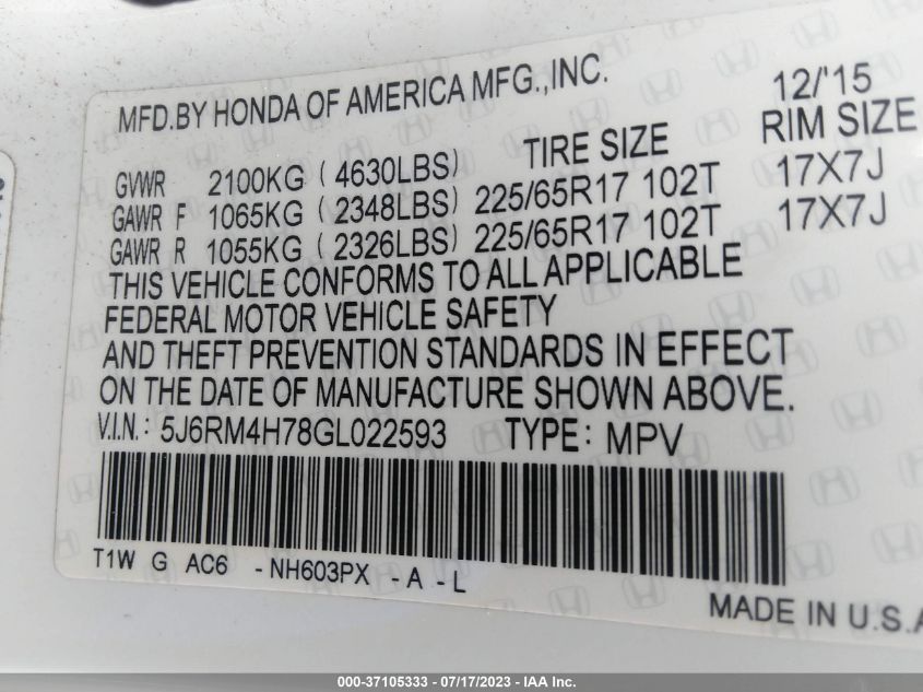 2016 HONDA CR-V EX-L - 5J6RM4H78GL022593