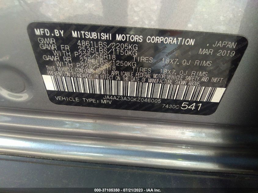 2019 MITSUBISHI OUTLANDER ES/SE/SEL/LE - JA4AZ3A30KZ046005