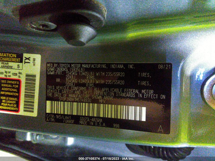 2021 TOYOTA HIGHLANDER PLATINUM - 5TDFZRBH1MS148930