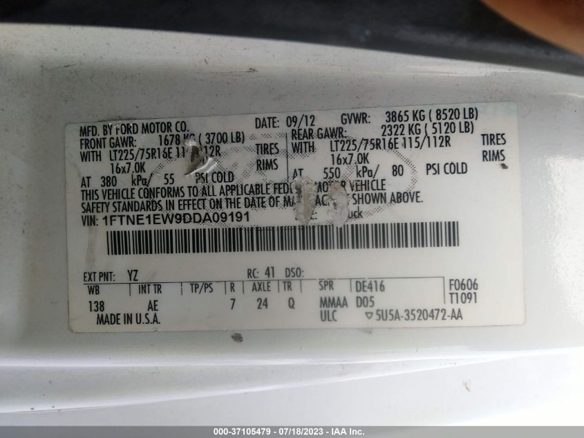2013 FORD ECONOLINE CARGO VAN COMMERCIAL/RECREATIONAL 1FTNE1EW9DDA09191
