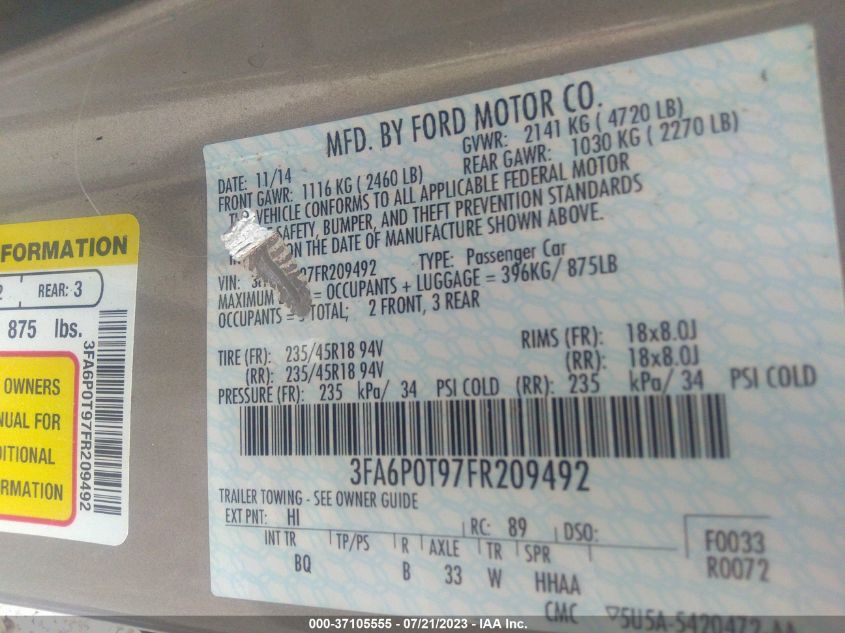 2015 FORD FUSION SE - 3FA6P0T97FR209492