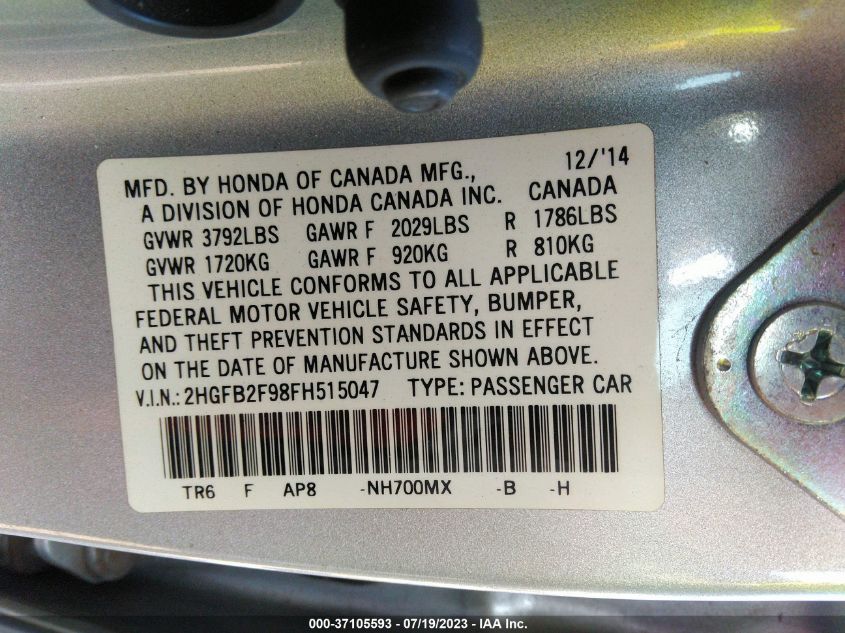 2015 HONDA CIVIC SEDAN EX-L - 2HGFB2F98FH515047