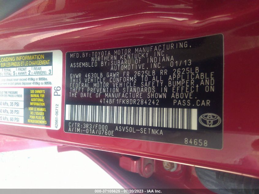 2013 TOYOTA CAMRY L/LE/SE/XLE - 4T4BF1FK8DR284242