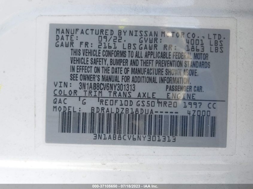 2022 NISSAN SENTRA SV - 3N1AB8CV6NY301313