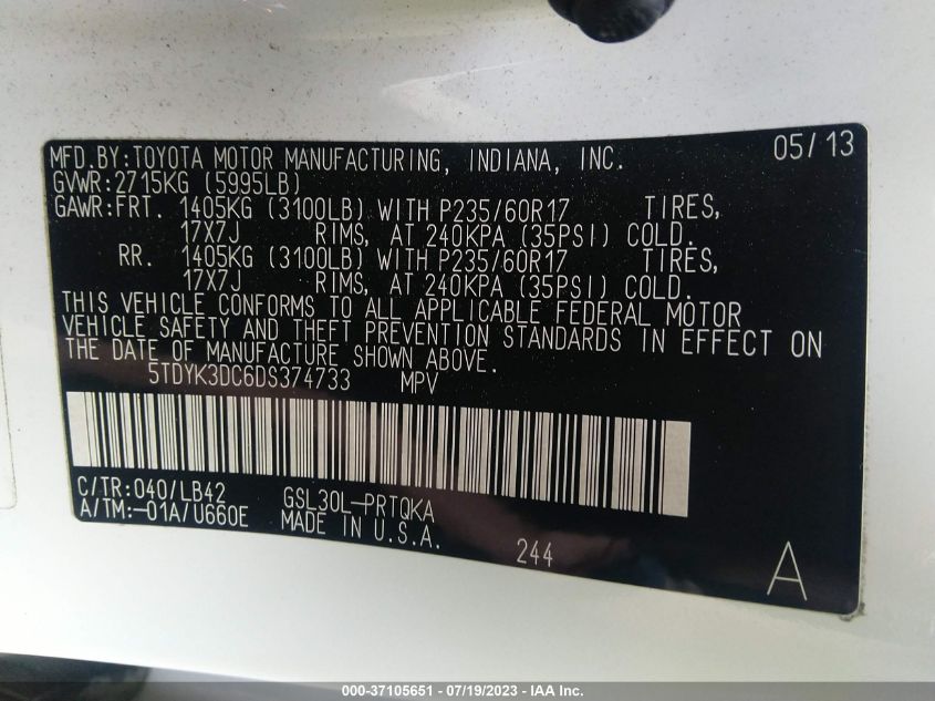 2013 TOYOTA SIENNA XLE AAS/XLE/LTD - 5TDYK3DC6DS374733