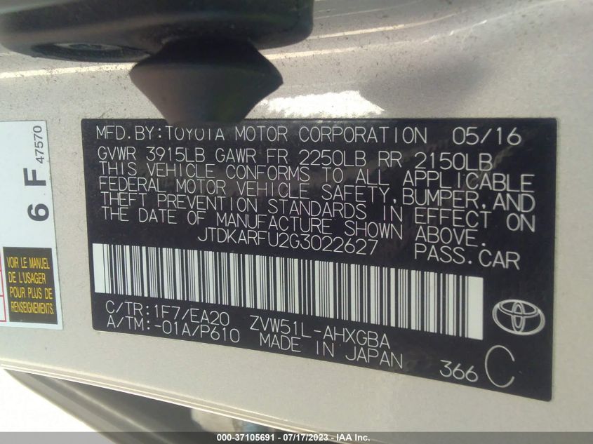 2016 TOYOTA PRIUS FOUR - JTDKARFU2G3022627