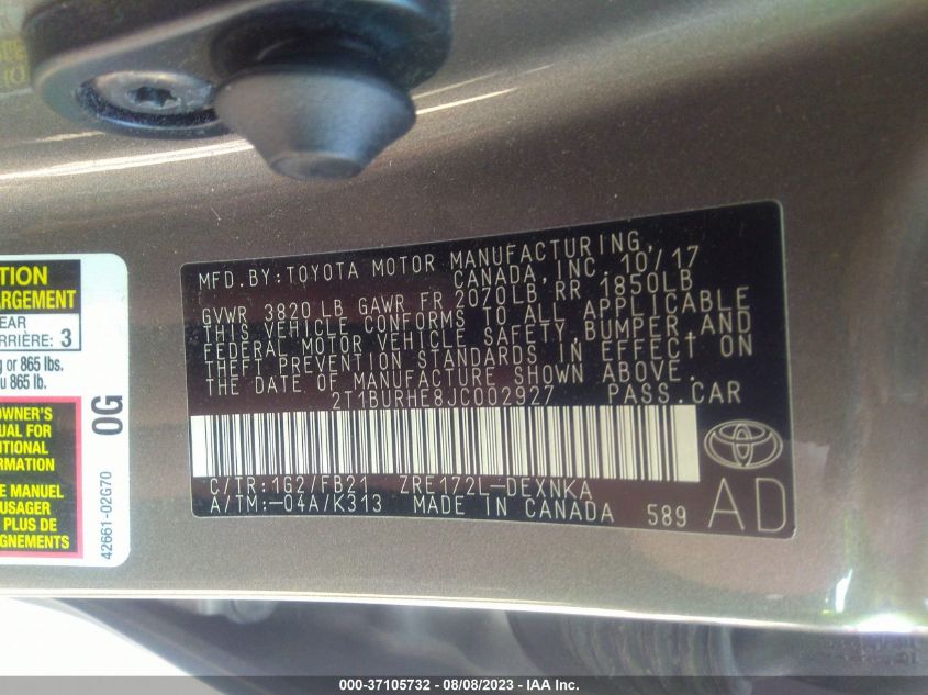 2018 TOYOTA COROLLA L/LE/XLE/SE/XSE - 2T1BURHE8JC002927