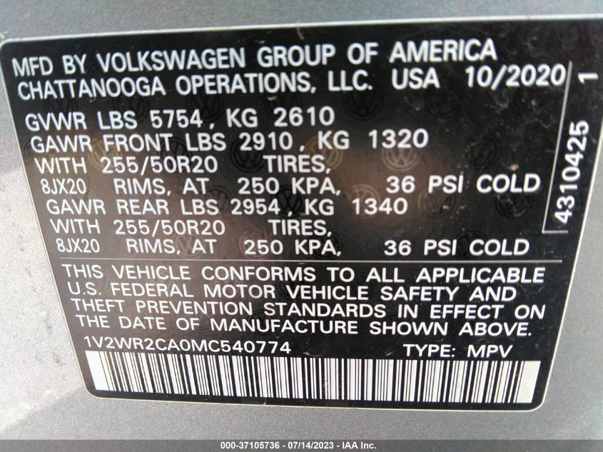 2021 VOLKSWAGEN ATLAS 3.6L V6 SE W/TECHNOLOGY - 1V2WR2CA0MC540774