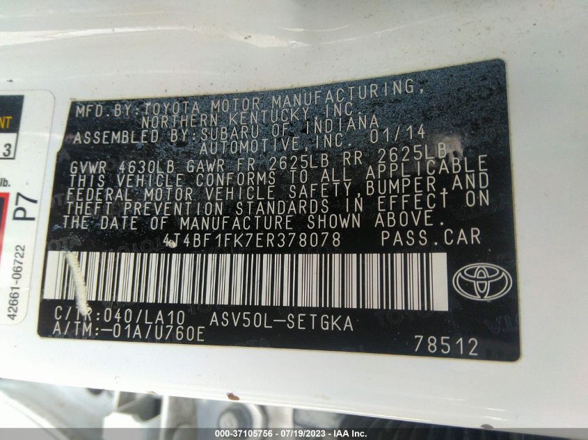 2014 TOYOTA CAMRY L/LE/XLE/SE/SE SPORT - 4T4BF1FK7ER378078