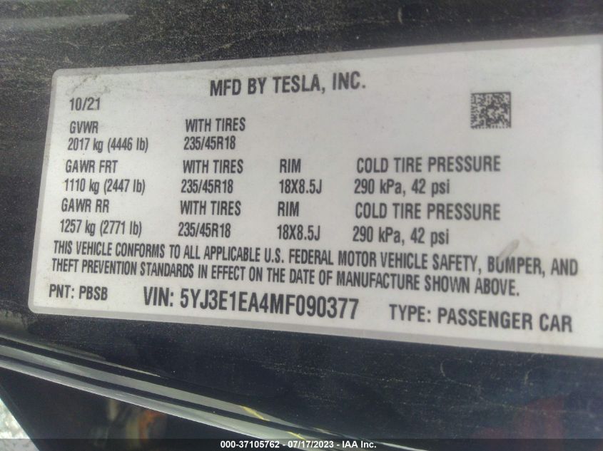 2021 TESLA MODEL 3 STANDARD RANGE PLUS - 5YJ3E1EA4MF090377