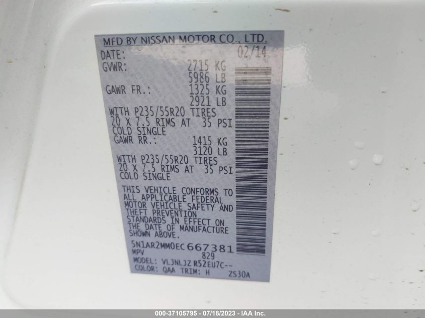 2014 NISSAN PATHFINDER S/SV/SL/PLATINUM - 5N1AR2MM0EC667381