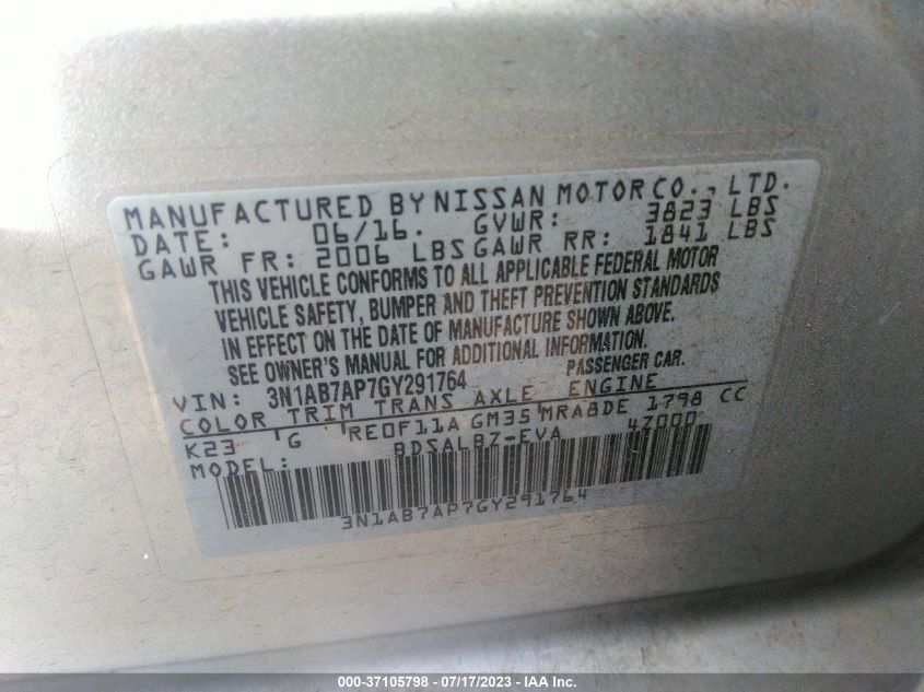 2016 NISSAN SENTRA SR/SL/S/SV/FE+ S - 3N1AB7AP7GY291764