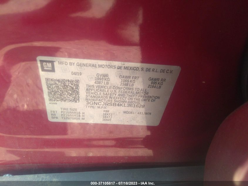 2019 CHEVROLET TRAX PREMIER - 3GNCJRSB4KL361628