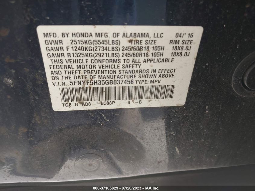 2016 HONDA PILOT EX - 5FNYF5H35GB037456