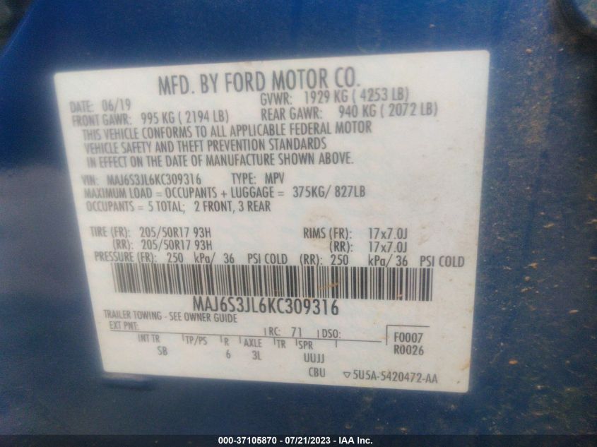2019 FORD ECOSPORT SES - MAJ6S3JL6KC309316