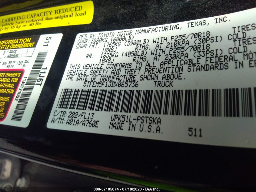 2013 TOYOTA TUNDRA 2WD TRUCK - 5TFEM5F13DX065736
