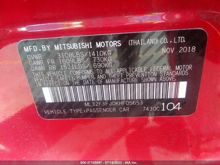 2019 MITSUBISHI MIRAGE G4 ES/RF - ML32F3FJ0KHF05653