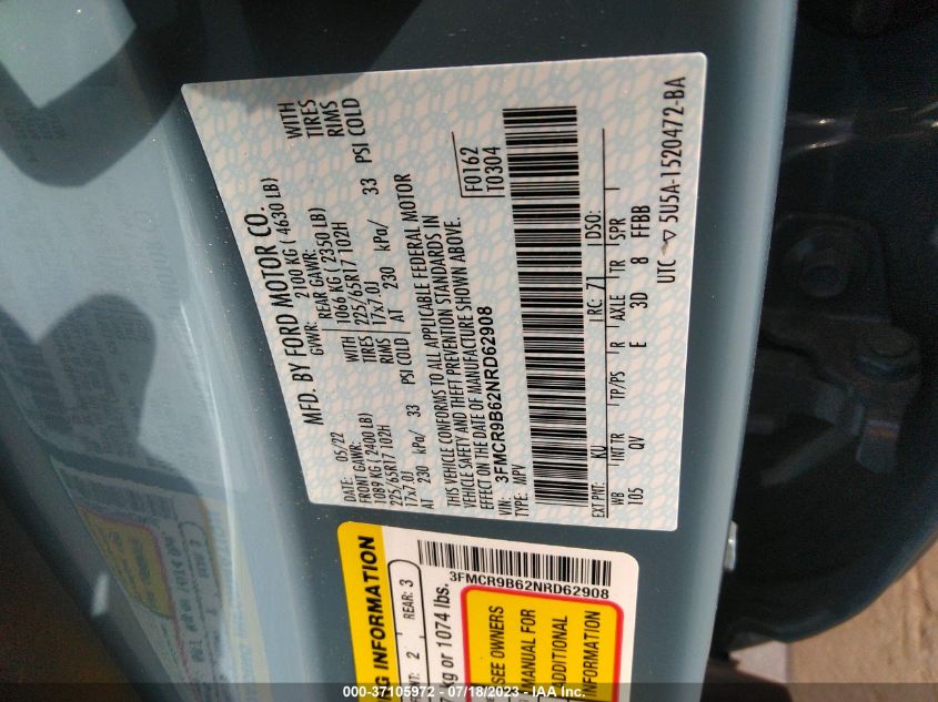 2022 FORD BRONCO SPORT BIG BEND - 3FMCR9B63NRD39654