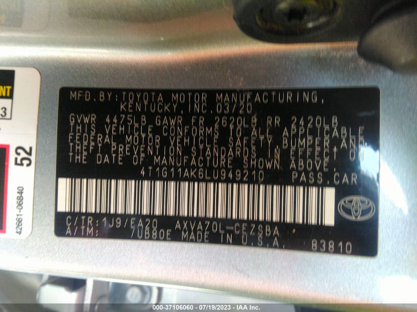 2020 TOYOTA CAMRY SE - 4T1G11AK6LU949210